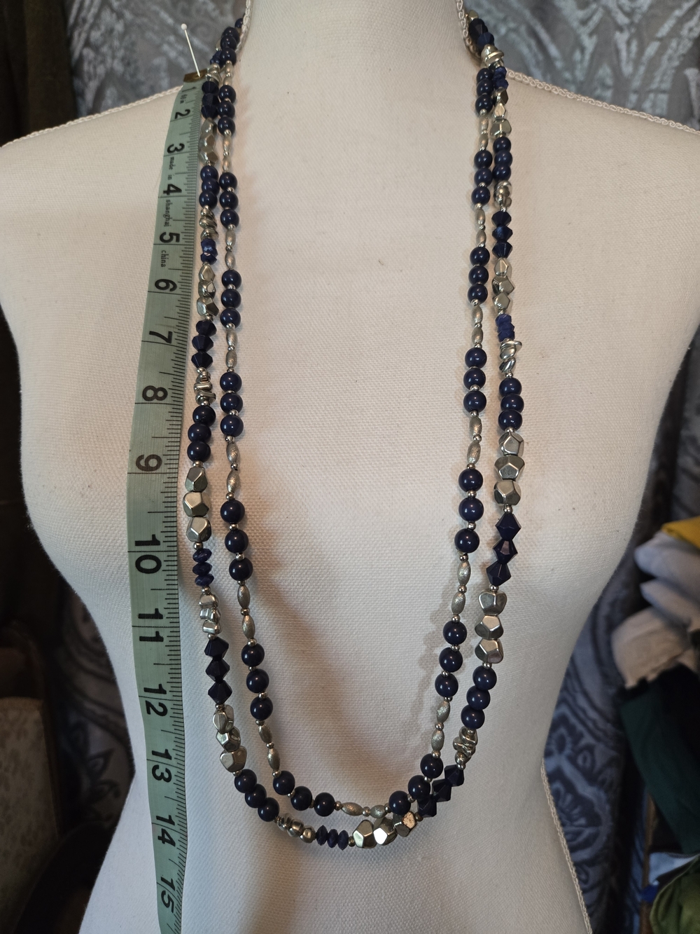 Vintage Long Navy and Silver Beaded Necklace — Brand Unbranded